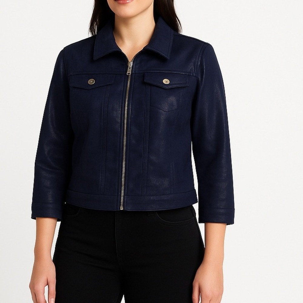 Ruby Rd. Petite Jacket full zip 10P Womens Blue Crocodile Embossed 3/4 Sleeve Lq